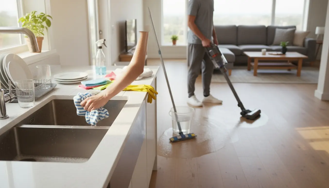 Hænder vasker op ved en moderne køkkenvask mens støvsuger og moppe ses på trægulvet.