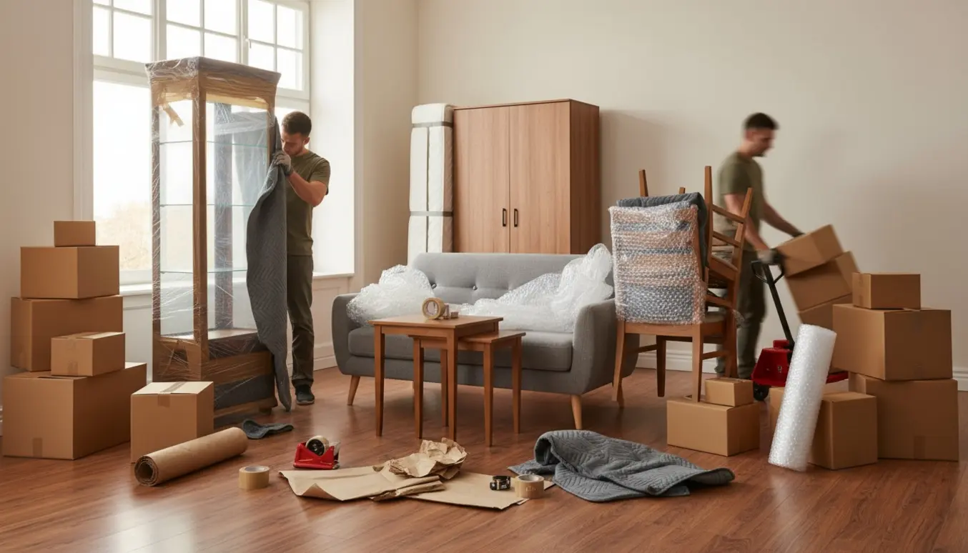 Flyttefolk pakker møbler og stabler papkasser i en lys stue med bobleplast og flyttetæpper.