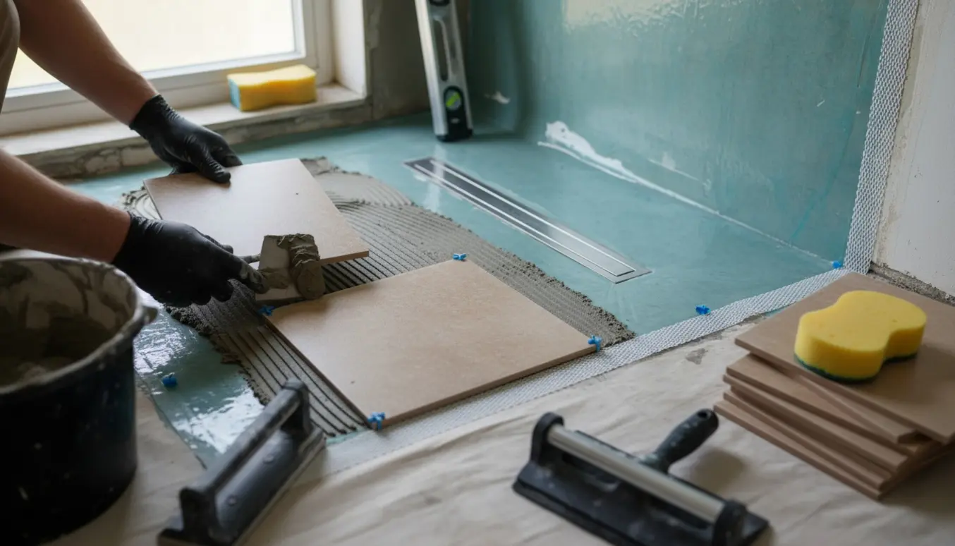 Badeværelse under renovering med nye fliser, vådrumsmembran og unidrainafløb, håndværker arbejder uden synligt ansigt.