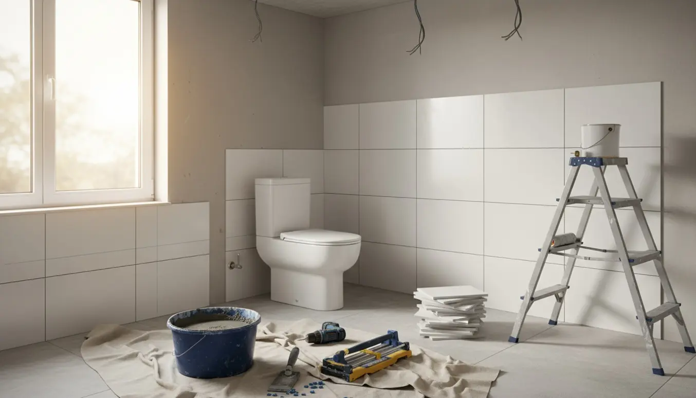 Halvfærdigt badeværelse under renovering med toilet, delvist lagte fliser og værktøj klar.