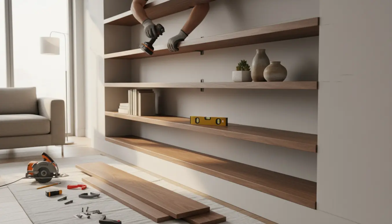 Fire meget lange svævende hylder monteres i et stort væghul med værktøj og hænder i arbejde.