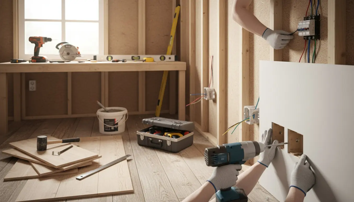 Hænder monterer gipsplader, gulvbrædder og installerer stikkontakter og en hovedafbryder i et lyst anneks under renovering.