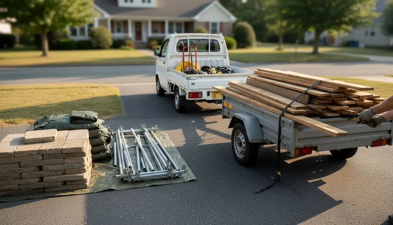 To bunker med brædder, presenninger og stenfliser læsses på en lille trailer i indkørslen.