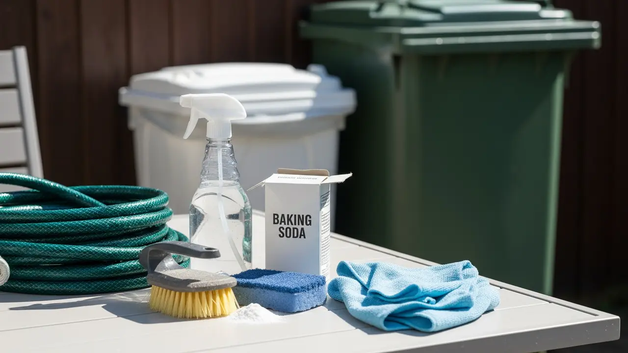 Rengøringsudstyr ved køkken- og haveskraldespand: slange, sprayflaske og børste