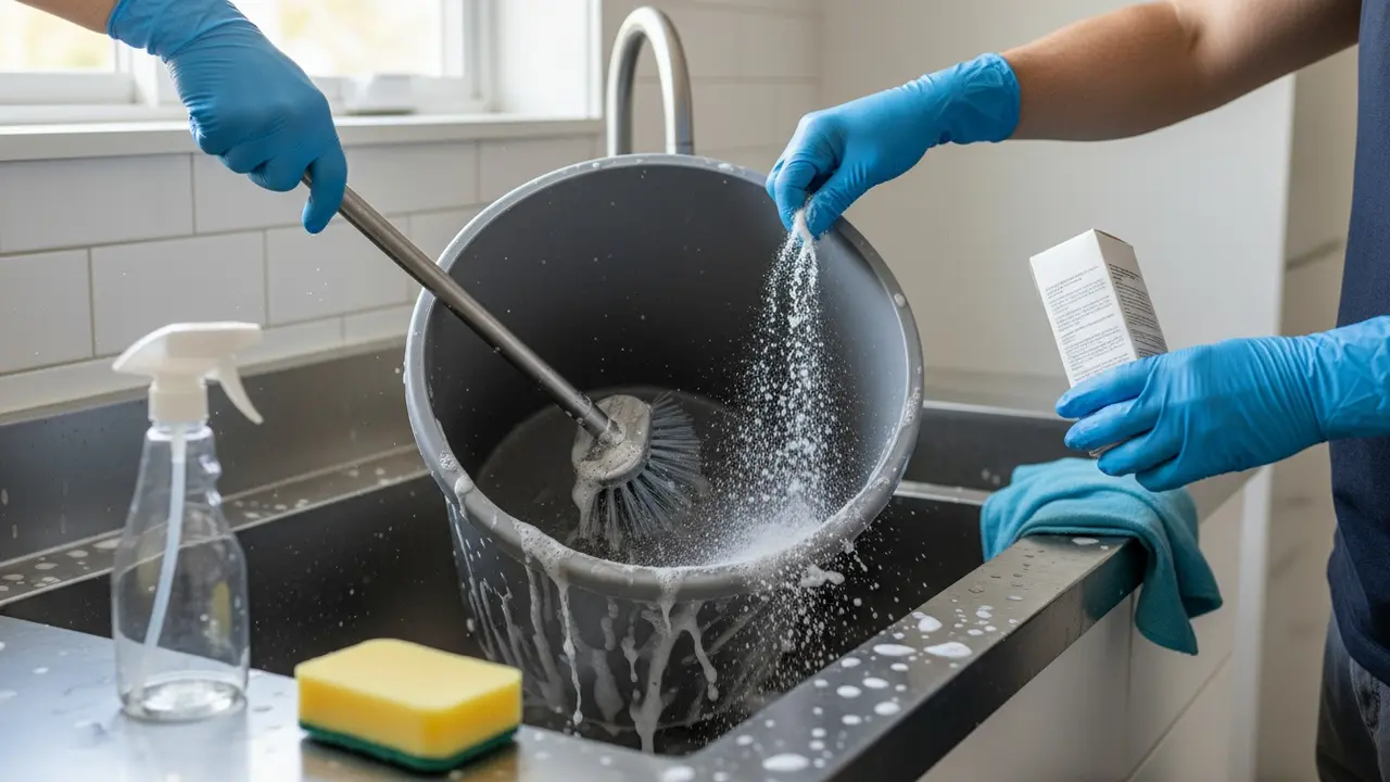 Nærbillede af rengøring af køkkenskraldespand med børste, sæbe og bagepulver