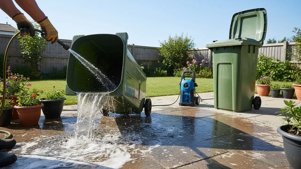 Udendørs haveskraldespand skylles med haveslange, vand og sæberester løber ud
