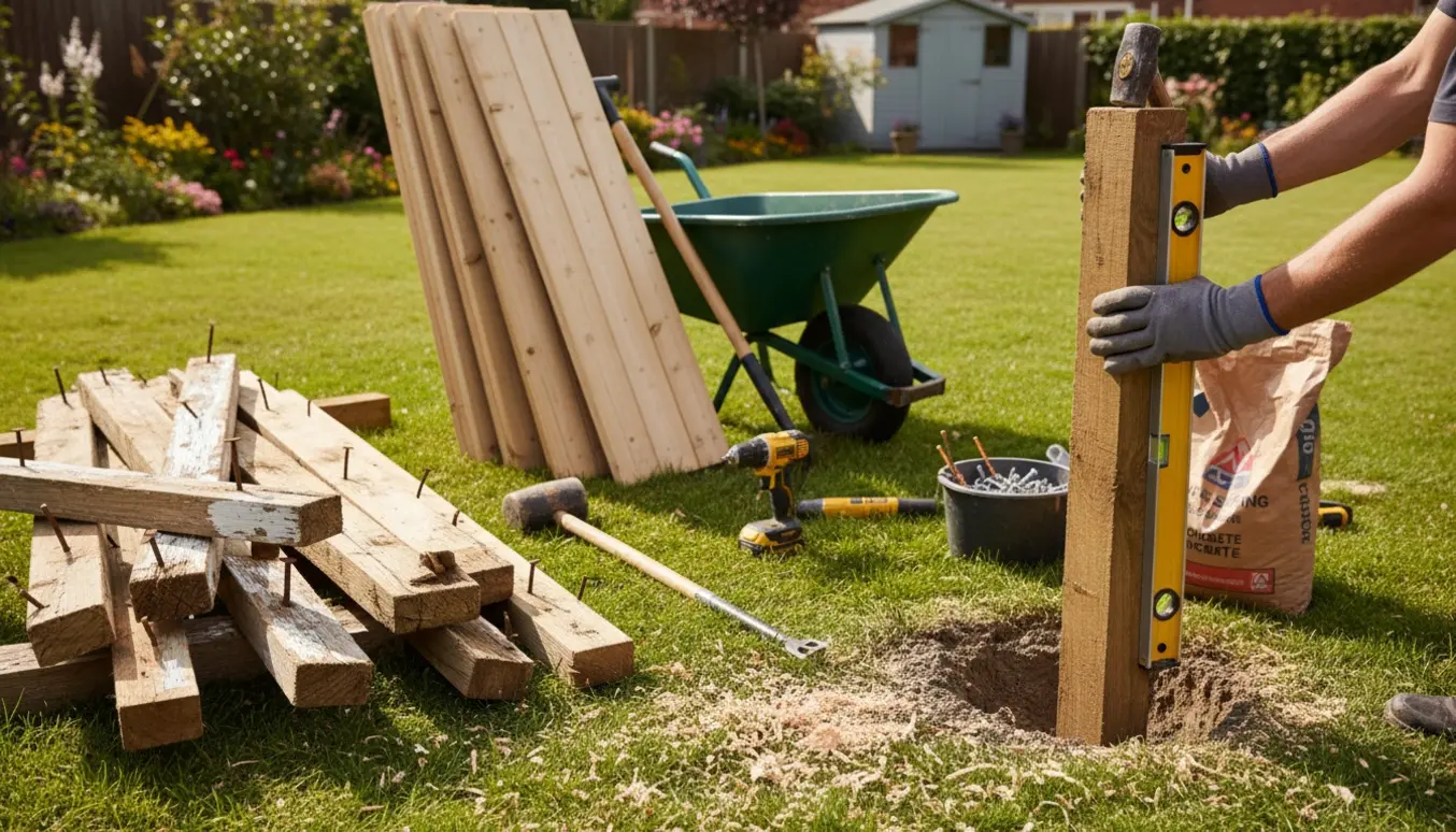Håndværkerhænder og værktøj ved udskiftning af et gammelt raftehegn med nyt træhegn i en have.
