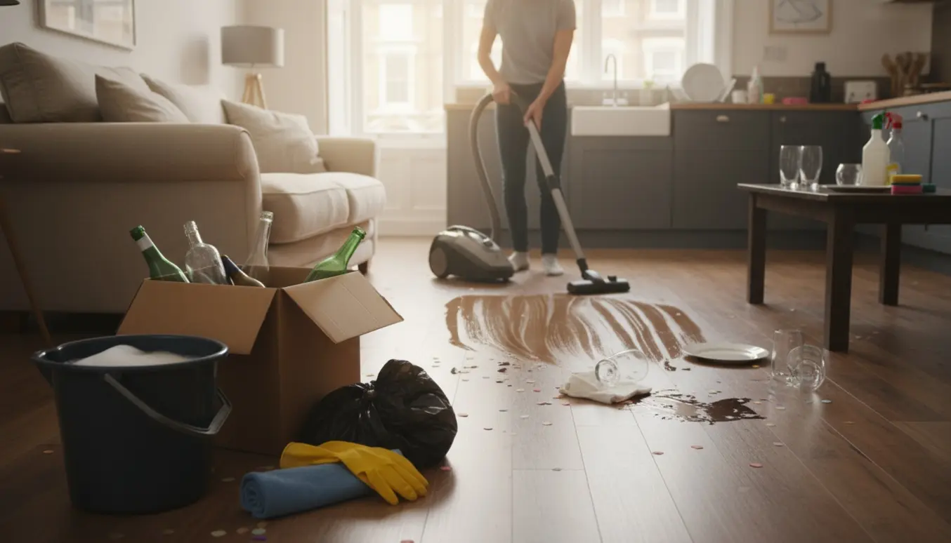 Hænder rydder op i et rækkehus efter fest med moppe, støvsuger og fyldte affaldssække.