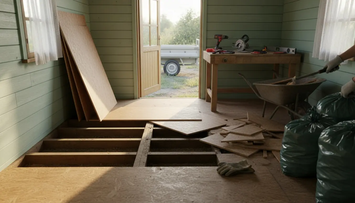 Indvendigt kolonihavehus med vandbeskadiget gulv fjernet, stakke af nye gulvspånplader og værktøj klar til bortskaffelse.