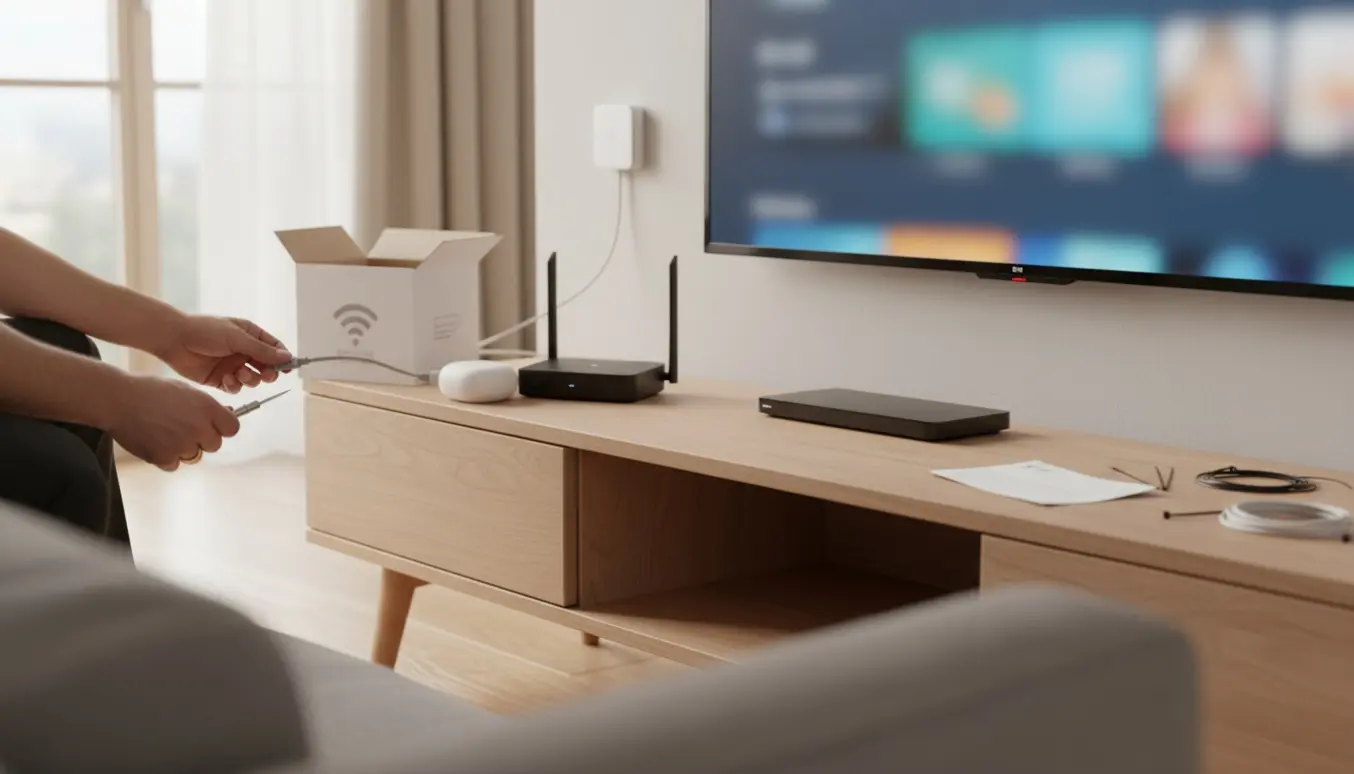 Hænder tilslutter en Wi‑Fi‑extender og Ethernet mellem fiberboks og TV i en moderne stue.