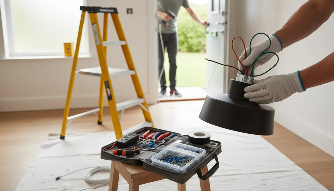 Hænder monterer en loftslampe i en entré, mens en anden person installerer en dørklokke ved hoveddøren.