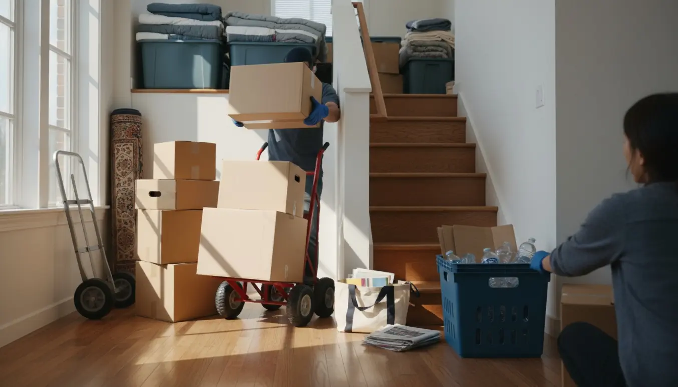 Personer bærer kasser op til en hems, med en lille, sorteret bunke affald klar til genbrug.