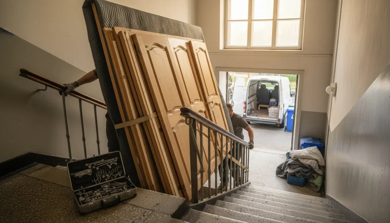 Afmonterede klædeskabsplader bæres ned ad opgangen fra 4. sal med flyttevogn og genbrugscontainere klar i baggrunden.