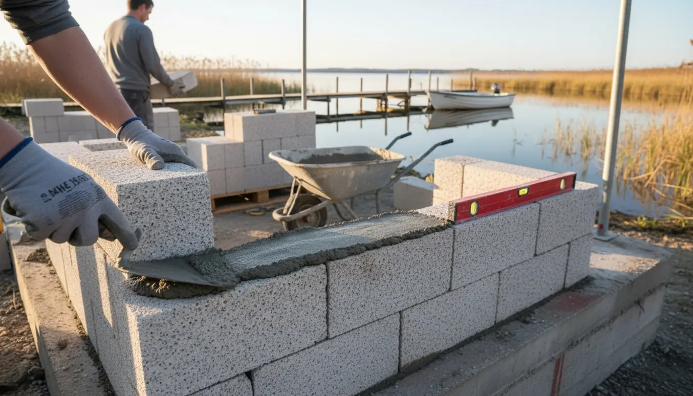 Opførelse af et bådhus i lecablokke ved kysten med arbejdshænder, mørtel og stillads.