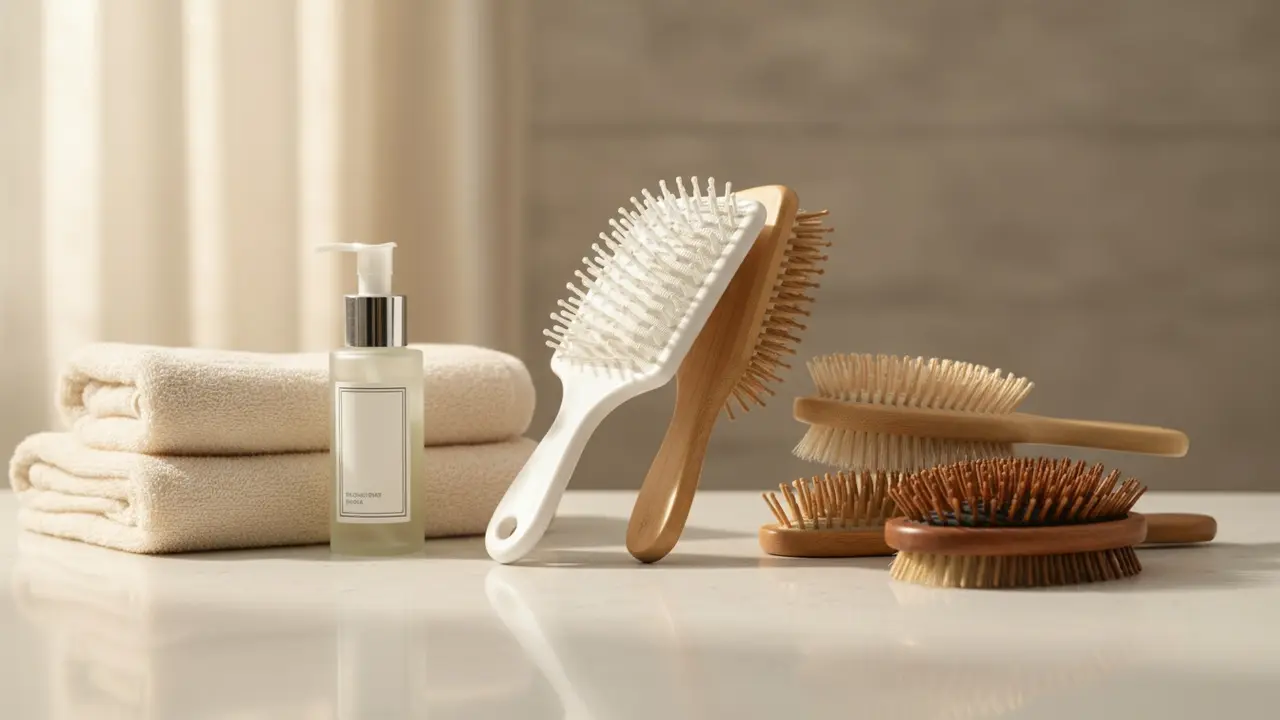 Forskellige hårbørster (plastik, træ, bambus, nylon, vildsvinehår) på bord ved håndklæde og shampoo.