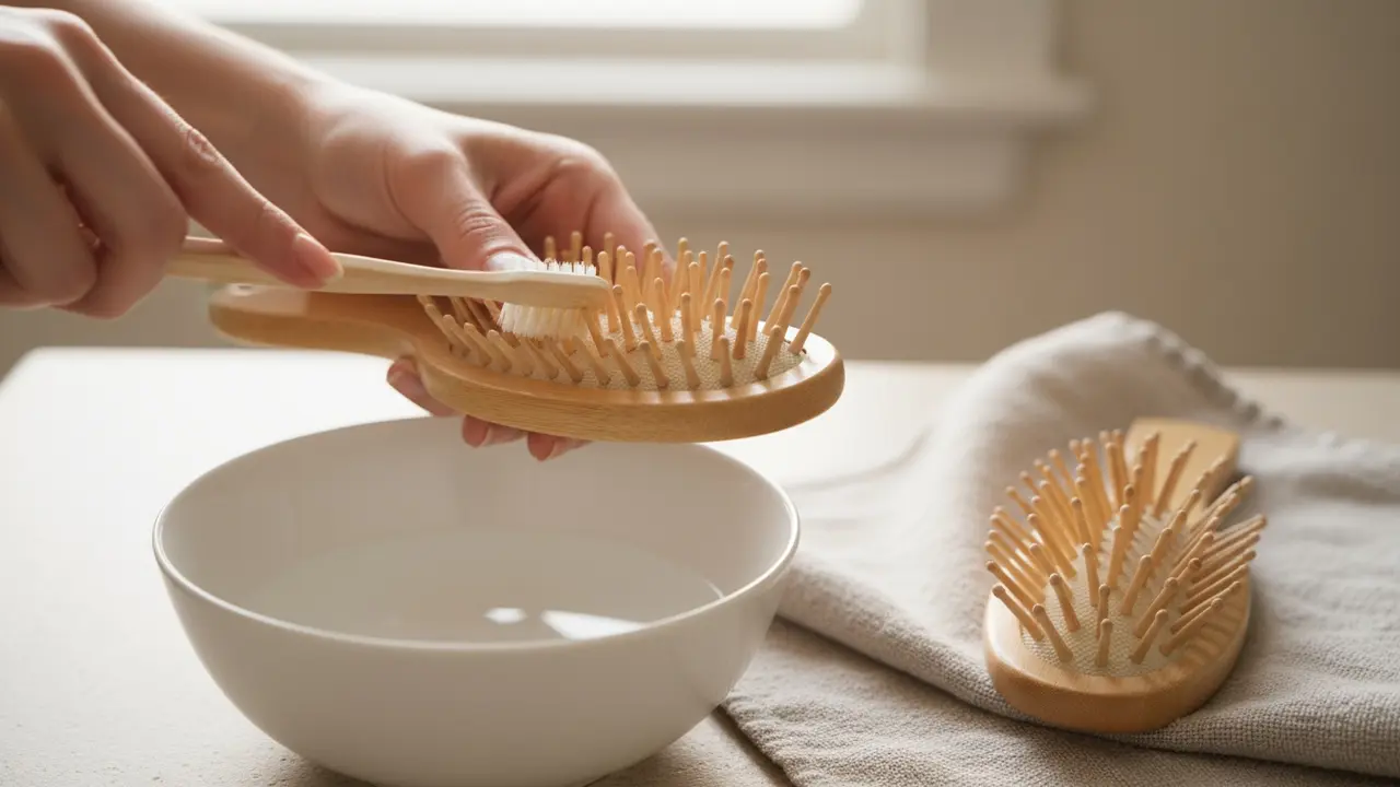 Hænder rengør forsigtigt en træ-/bambusbørste med tandbørste; børsten ligger på håndklæde med piggene nedad.