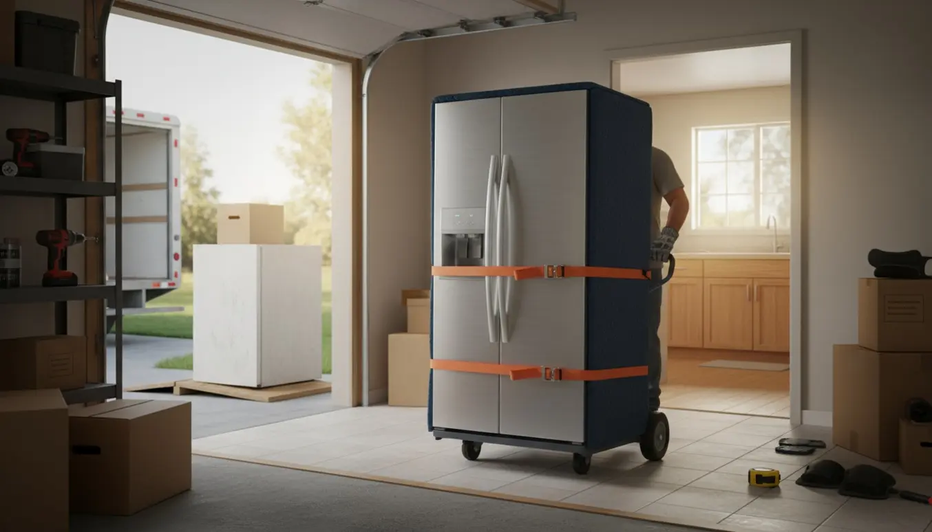 Nyt køleskab på sækkevogn føres fra garage ind i et lyst, moderne køkken, mens et gammelt køleskab venter til afhentning udenfor.