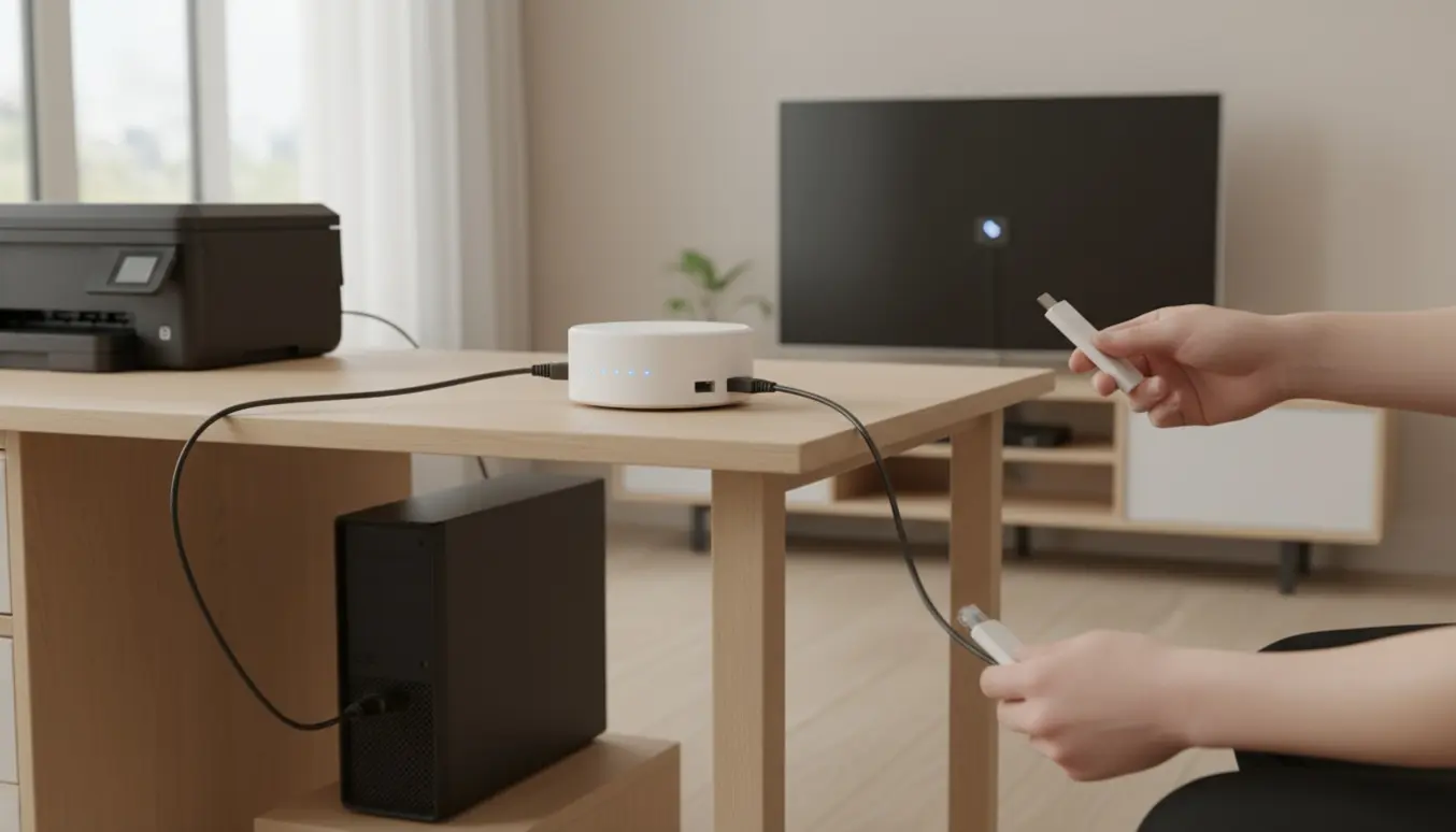 Hænder tilslutter mobil hotspot-router med kabler til printer, stationær computer og en streaming-dongle i et ryddeligt hjemmekontor.