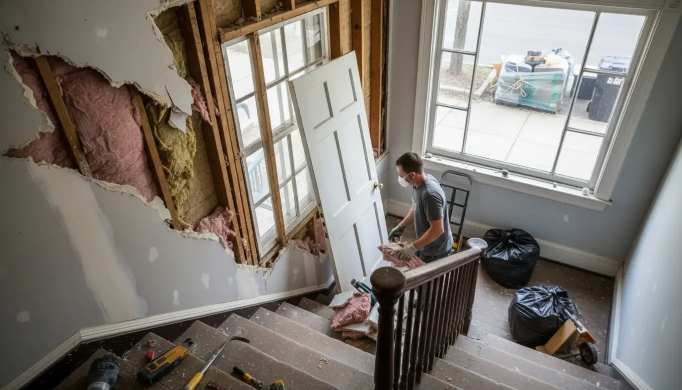 Delvist nedtaget skillevæg ved en trappe med værktøj og materialer klar til at blive båret ned til storskrald.