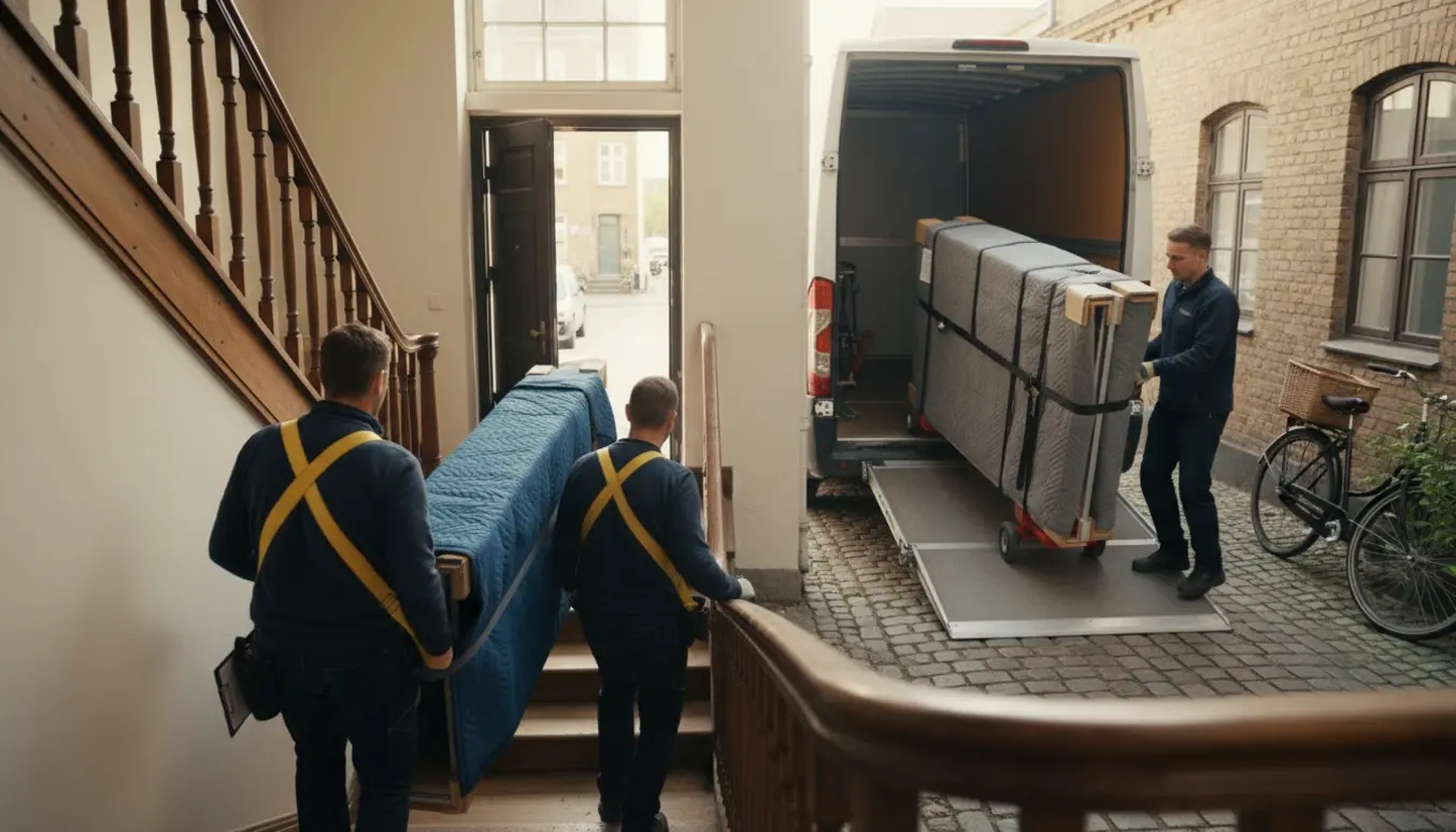 To flyttefolk bærer sammenklappede borde ned ad en trappe mod en flyttevogn på en brostensbelagt gade.