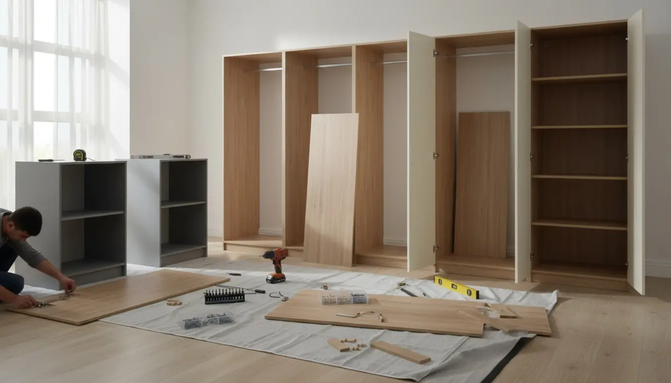 Fem modulgarderober og to høje køkkenskabe under samling med værktøj spredt på gulvet.