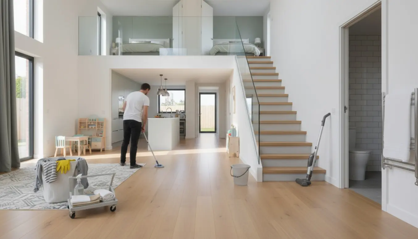 Person gør rent i et lyst hjem med moppe, støvsuger og rengøringsudstyr.