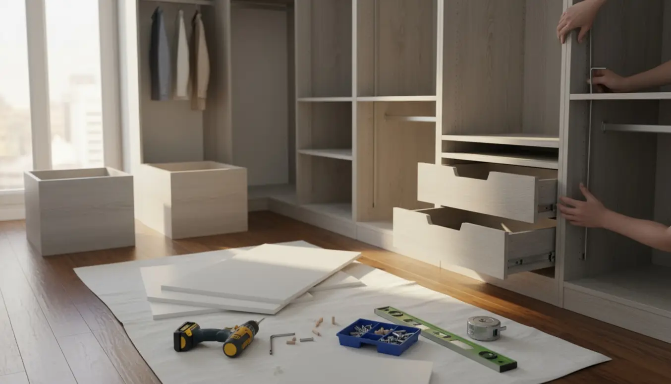 Hænder samler fladpakkede skabe i et lyst walk-in-closet med værktøj og hylder i fokus.