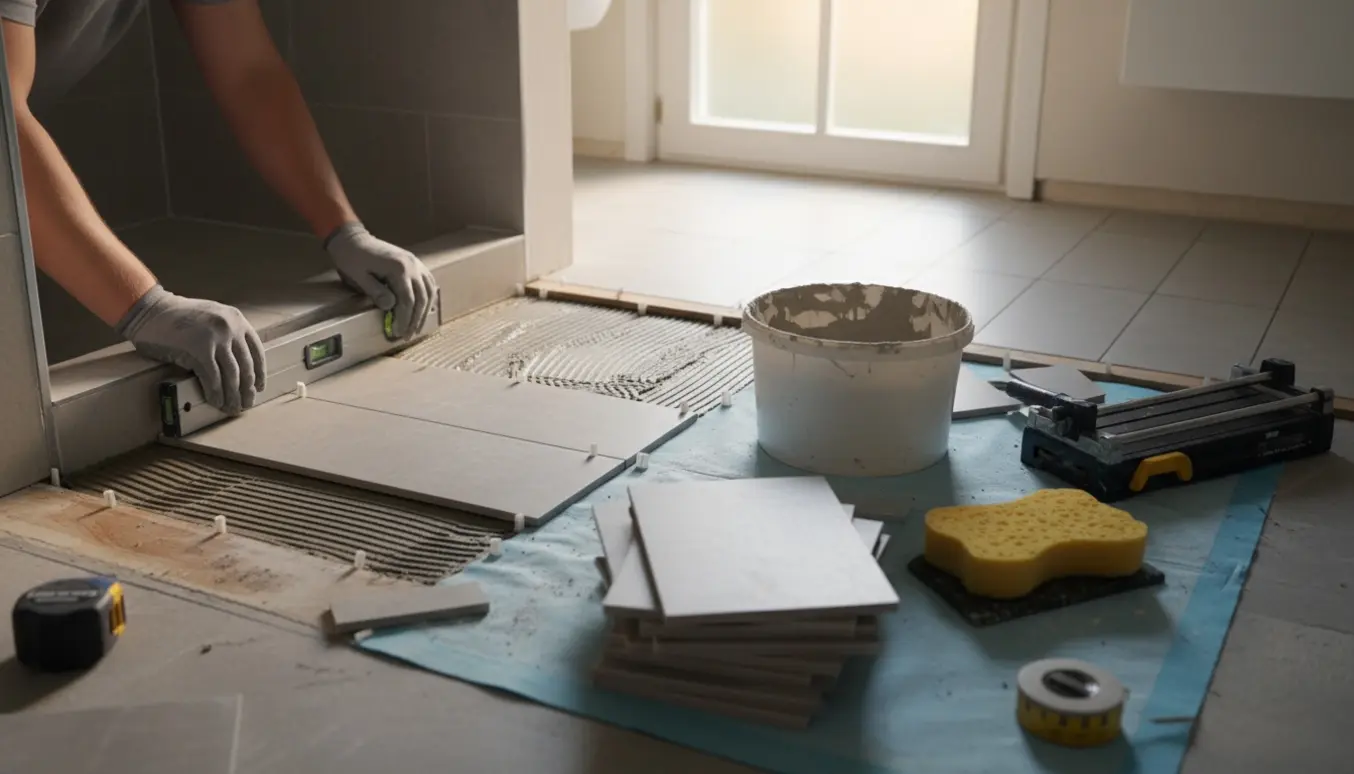 Hænder lægger nye fliser i overgangen mellem badeværelse og entre med værktøj og materialer omkring.