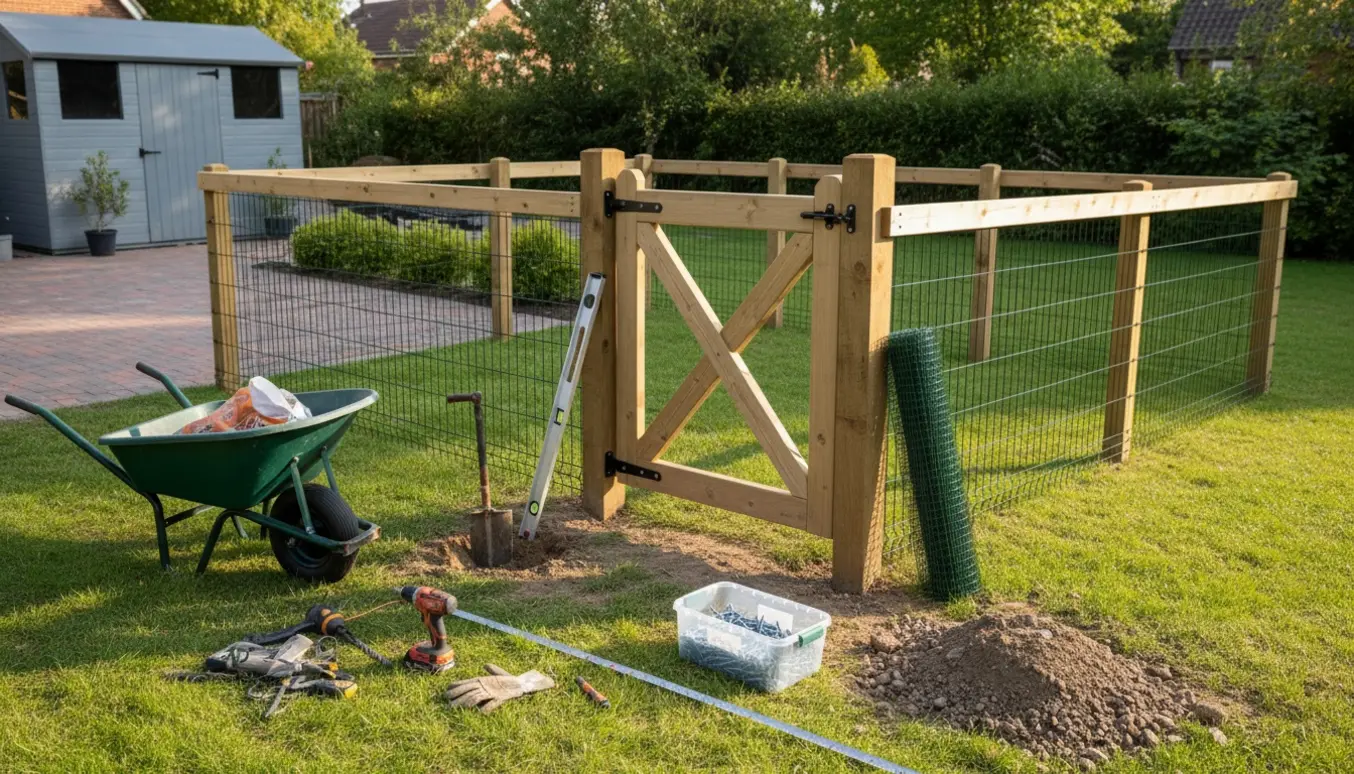 Trælåge og hundehegn under opsætning i en privat have med værktøj i forgrunden.