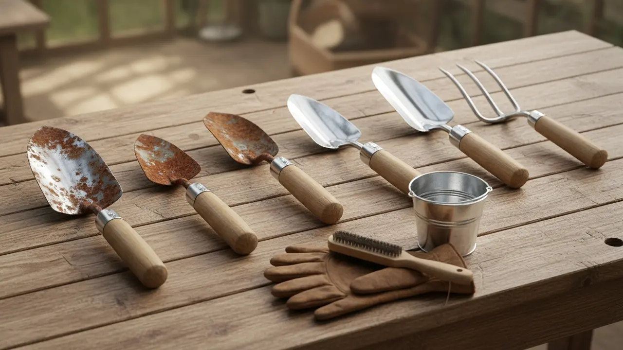 Forskellen mellem rustne og nyrensede haveværktøjer på et træbord