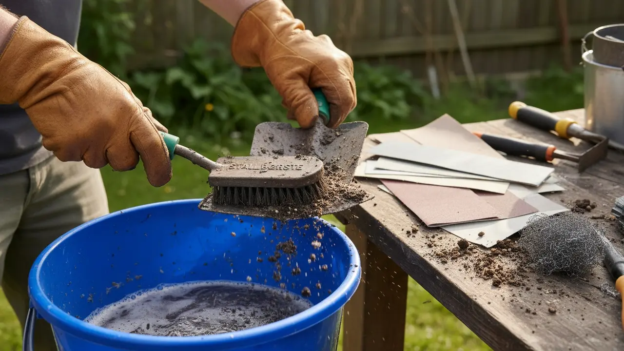Hænder med handsker skrubber jord af en spade med en stålbørste over sæbevand