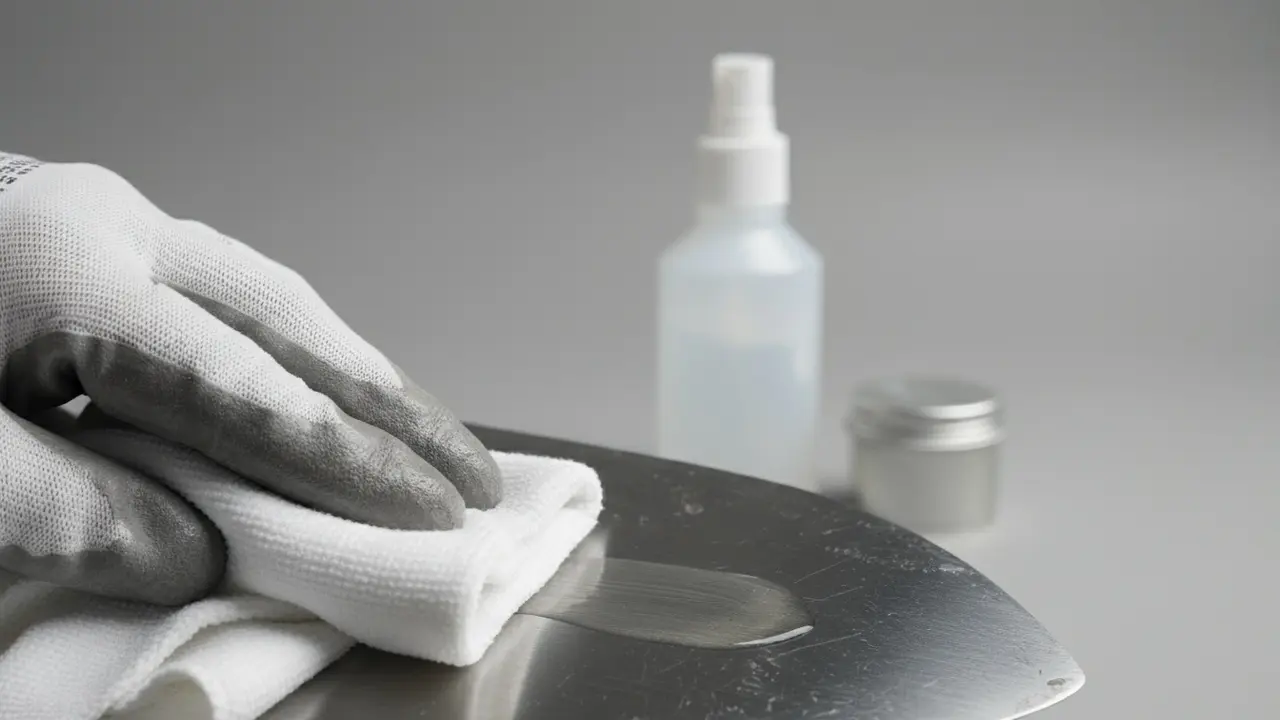 Nærbillede af handsker, der smører en spade med olie, så metallet får en beskyttende glans