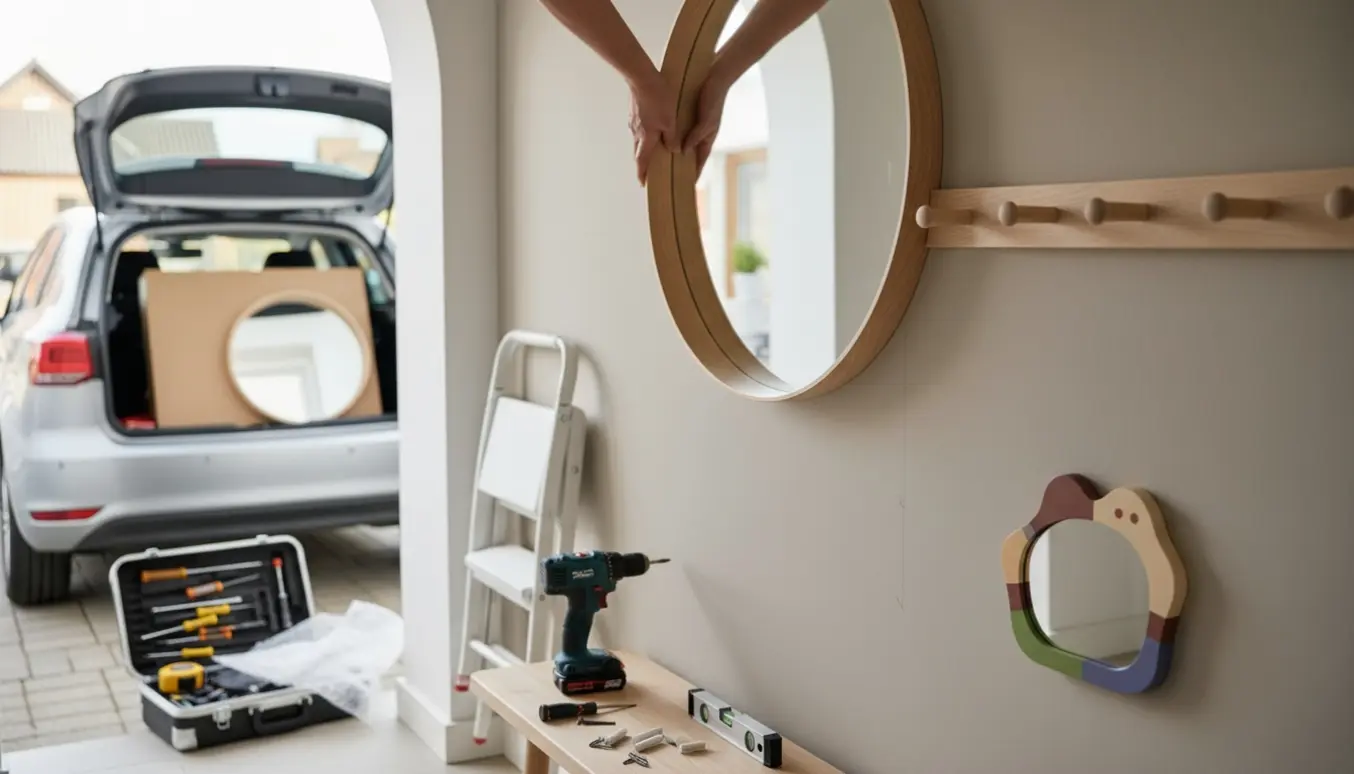 Hænder monterer et rundt spejl i en lys entré med en delvist opsat knagerække, værktøj på en bænk og en åben bilbagagerum med indpakkede møbler i baggrunden.