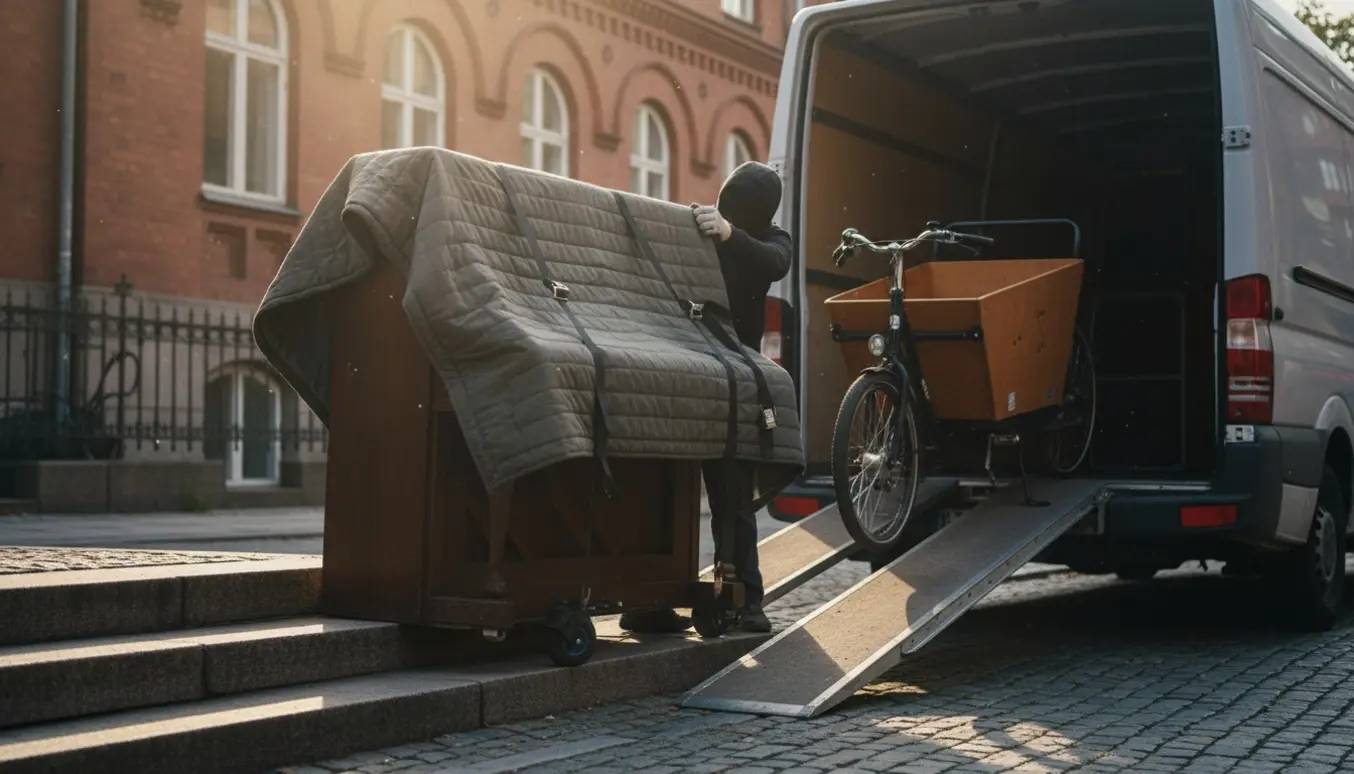 Opretstående klaver og ladecykel læsses op i en flyttebil ved en trappe, med flyttetæpper og remme.