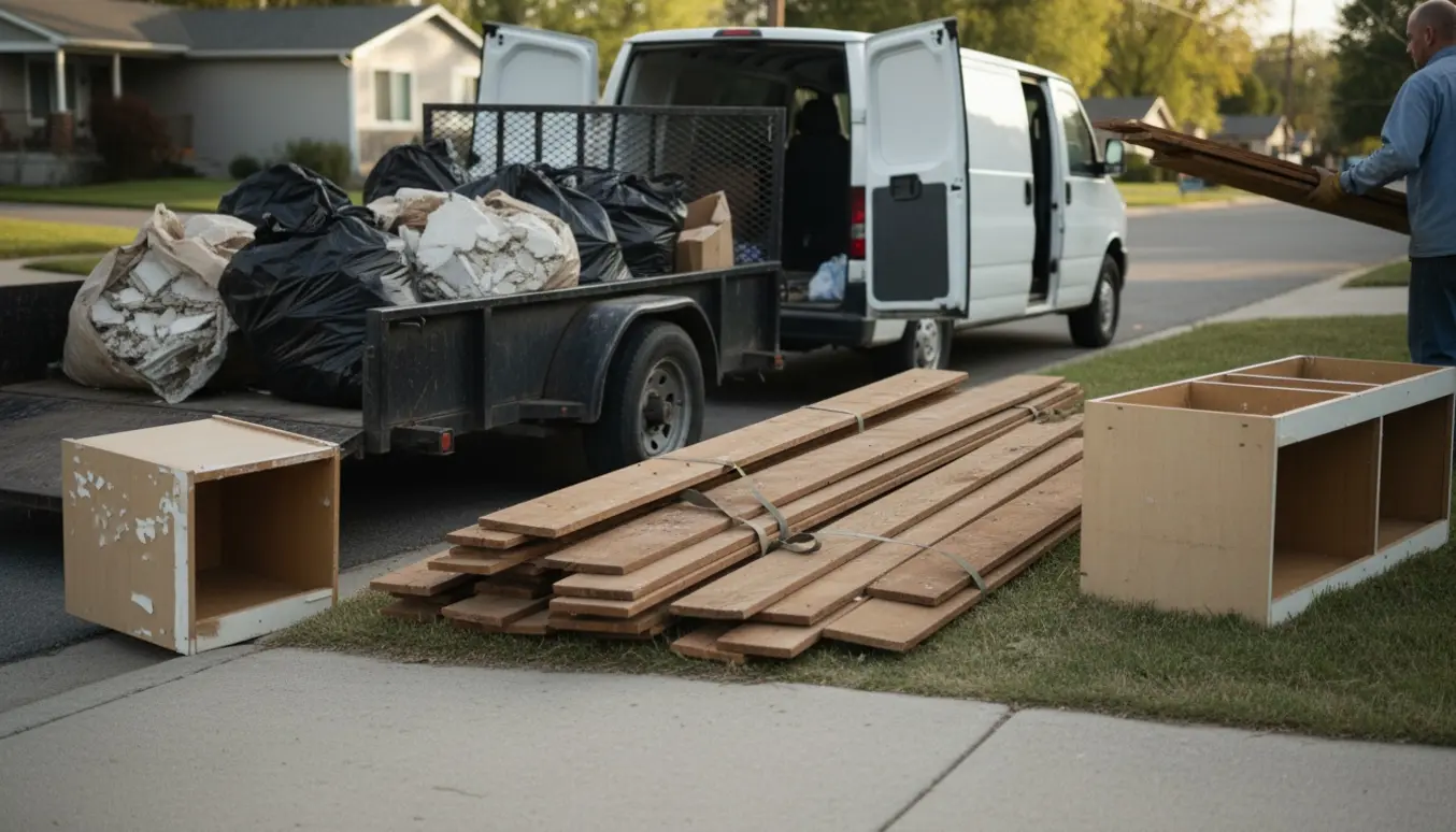 Gamle gulvbrædder, fyldte affaldsposer og beskadigede køkkenelementer stablet ved fortovet klar til afhentning.