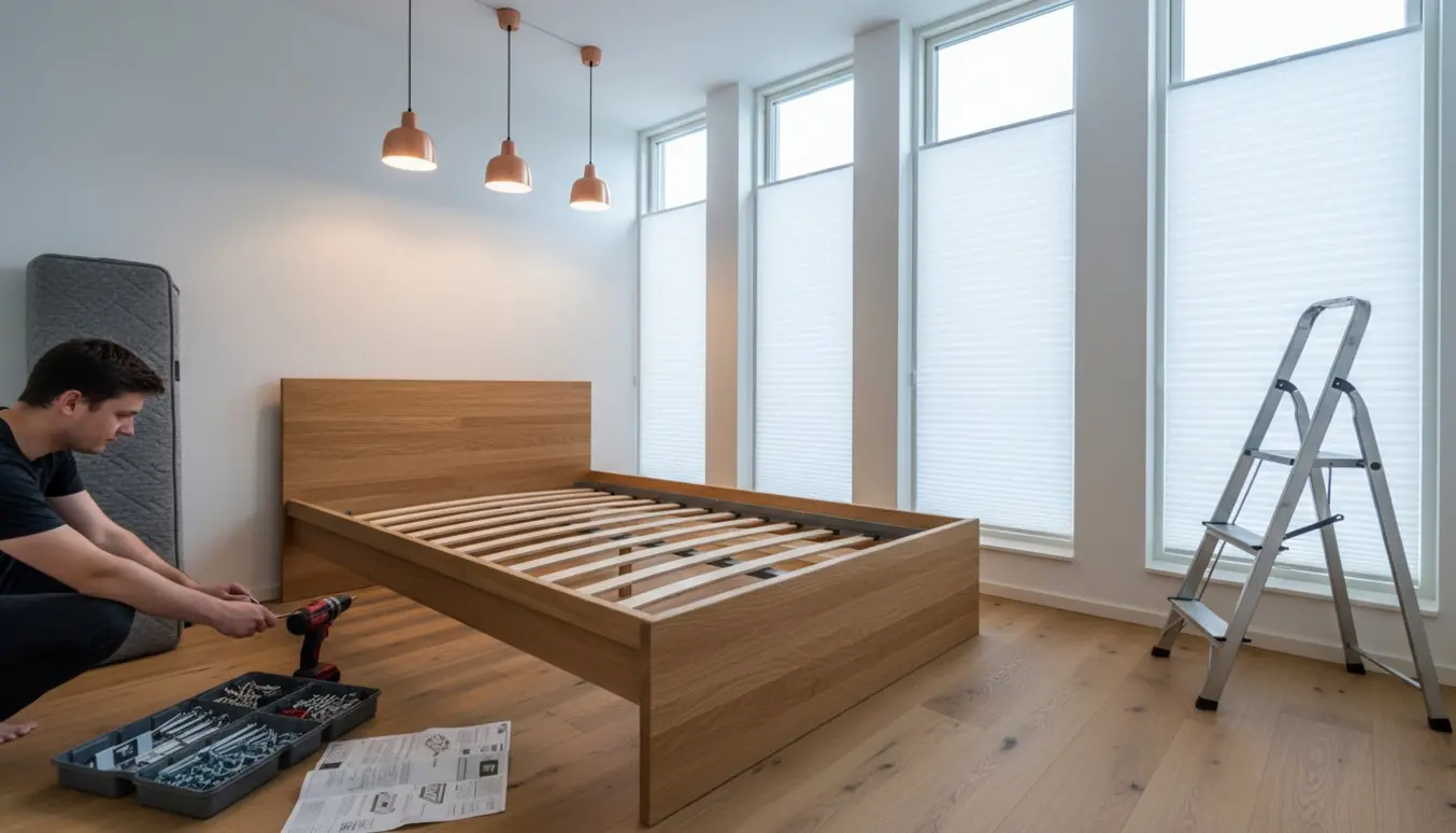 Soveværelse under montering med delvis samlet seng, tre tændte loftslamper og plissegardiner i fem vinduer.