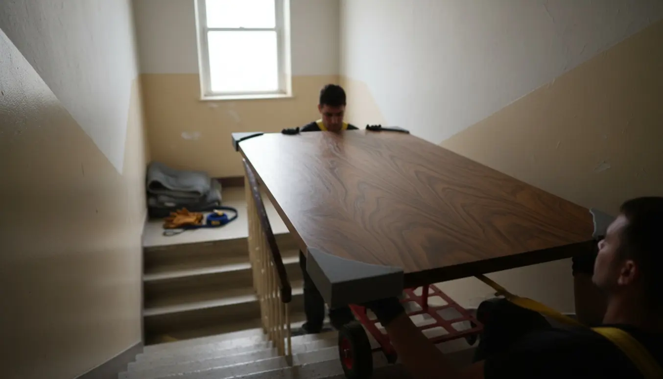 To personer bærer en tung bordplade op ad en smal opgangstrappe, kun hænder og kropssilhuetter synlige.