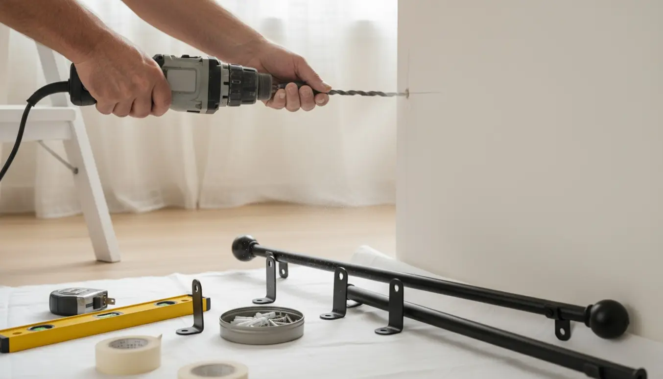 Hænder bruger en slagboremaskine til at bore monteringshuller til en gardinstang med beslag og rawlplugs klar.