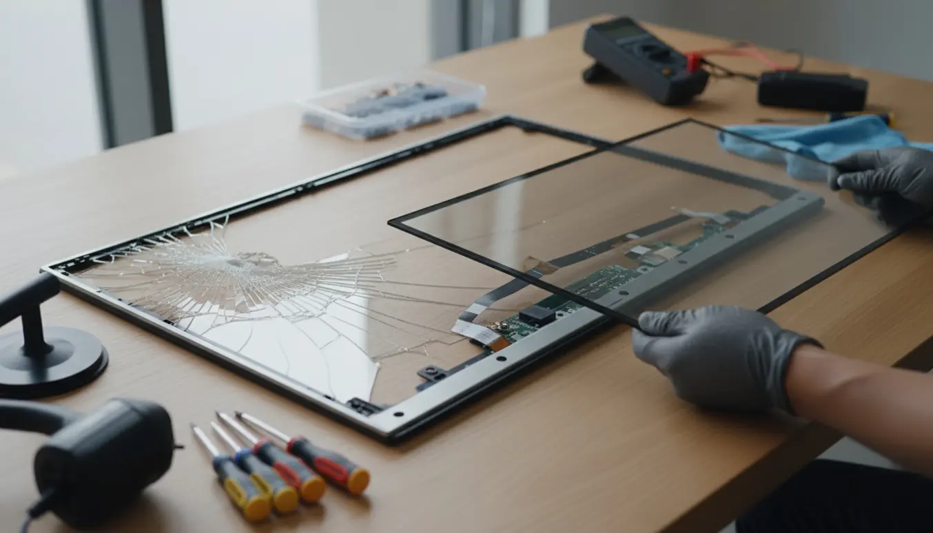 Et fladskærms-tv med knust øverste venstre hjørne på et arbejdsbord, omgivet af værktøj og teknikerens hænder der forbereder udskiftning.