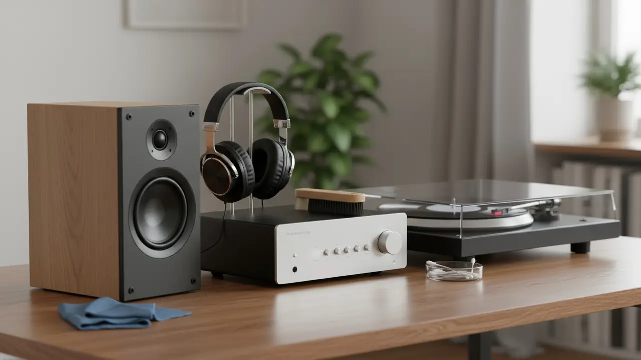 Bord med højtaler, hovedtelefoner, pladespiller og rengøringsredskaber