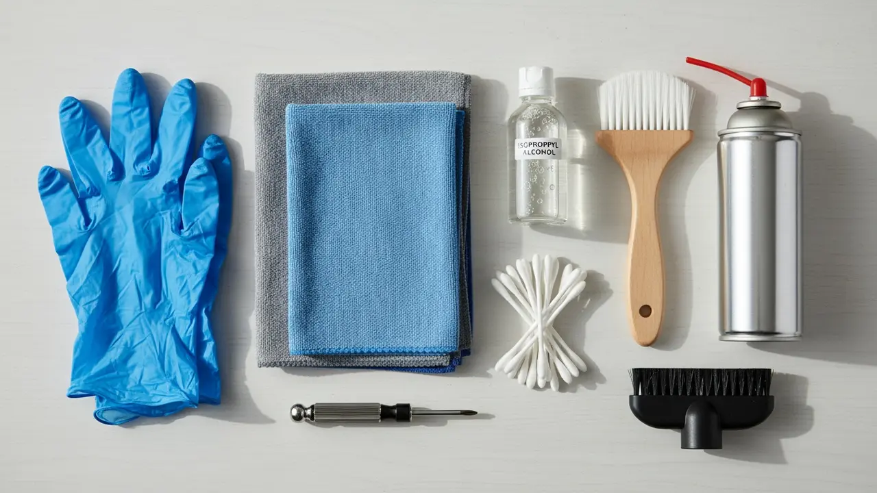 Nærbillede af rengøringsredskaber: klude, børste, trykluft og vatpinde