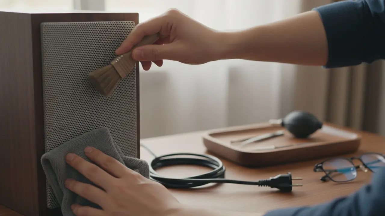 Hænder rengør en højttalergitter med blød børste og mikrofiberklud