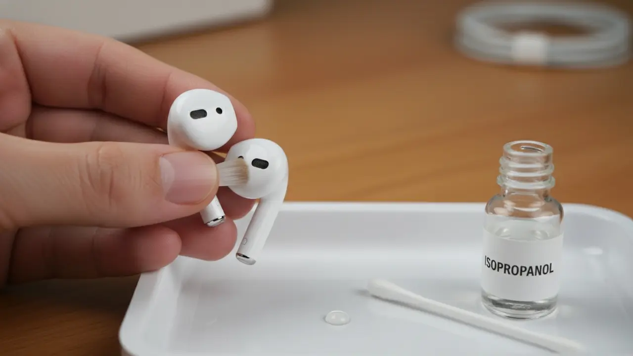 Nærbillede: rengøring af AirPods med lille børste og vatpind