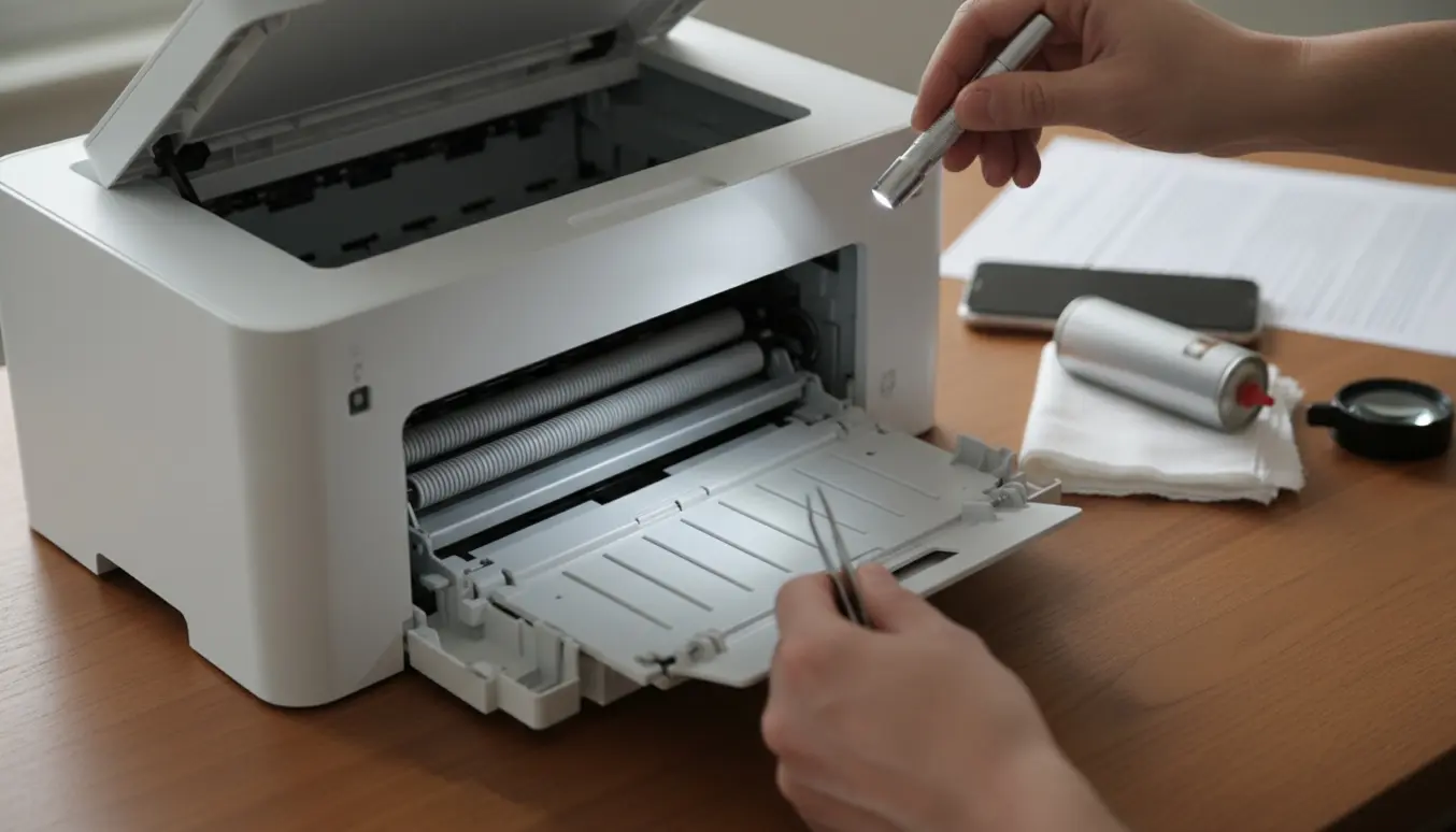 Åben inkjet-printer på skrivebord, hænder inspicerer det rene papirsti med lommelygte og pincet.