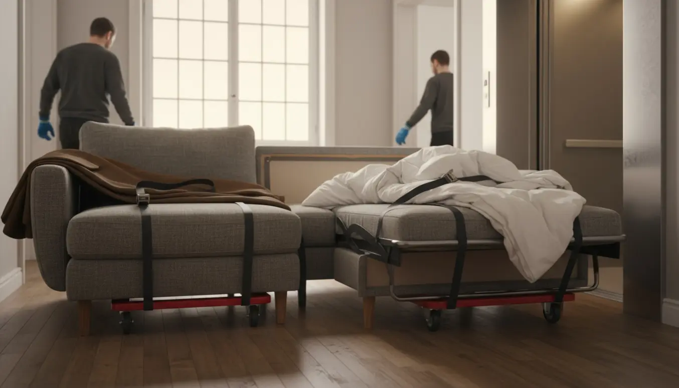 Chaiselong-sofa delt i to dele læsses ind i en elevator til afhentning til skrald.