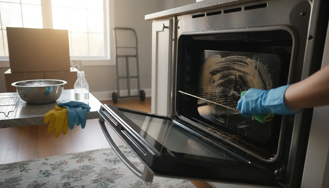Åben ovn rengøres med handsker og skrubbe-pude i et køkken med flyttekasser i baggrunden.