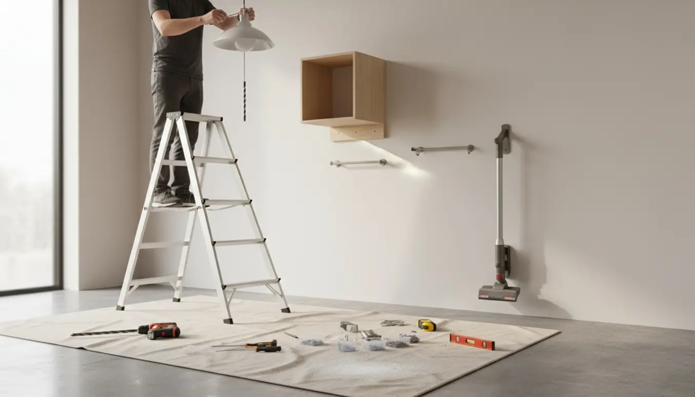 Værktøj på gulvet og en stige under en moderne pendel, mens en hånd monterer lampe i et højt gipsloft med en lille kubikreol, jakkroge og støvsugerbeslag monteret på væggen.