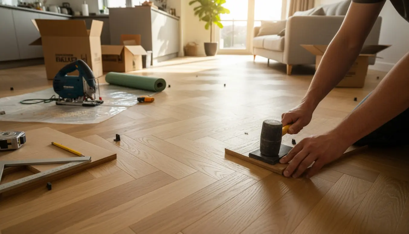Hænder monterer klikgulv i sildeben i en lys stue med værktøj og stablede gulvplanker i baggrunden.