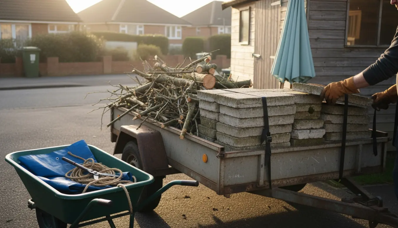 Trailer på indkørsel fyldt med grene, bunker af fliser og en gammel parasol klar til genbrug.