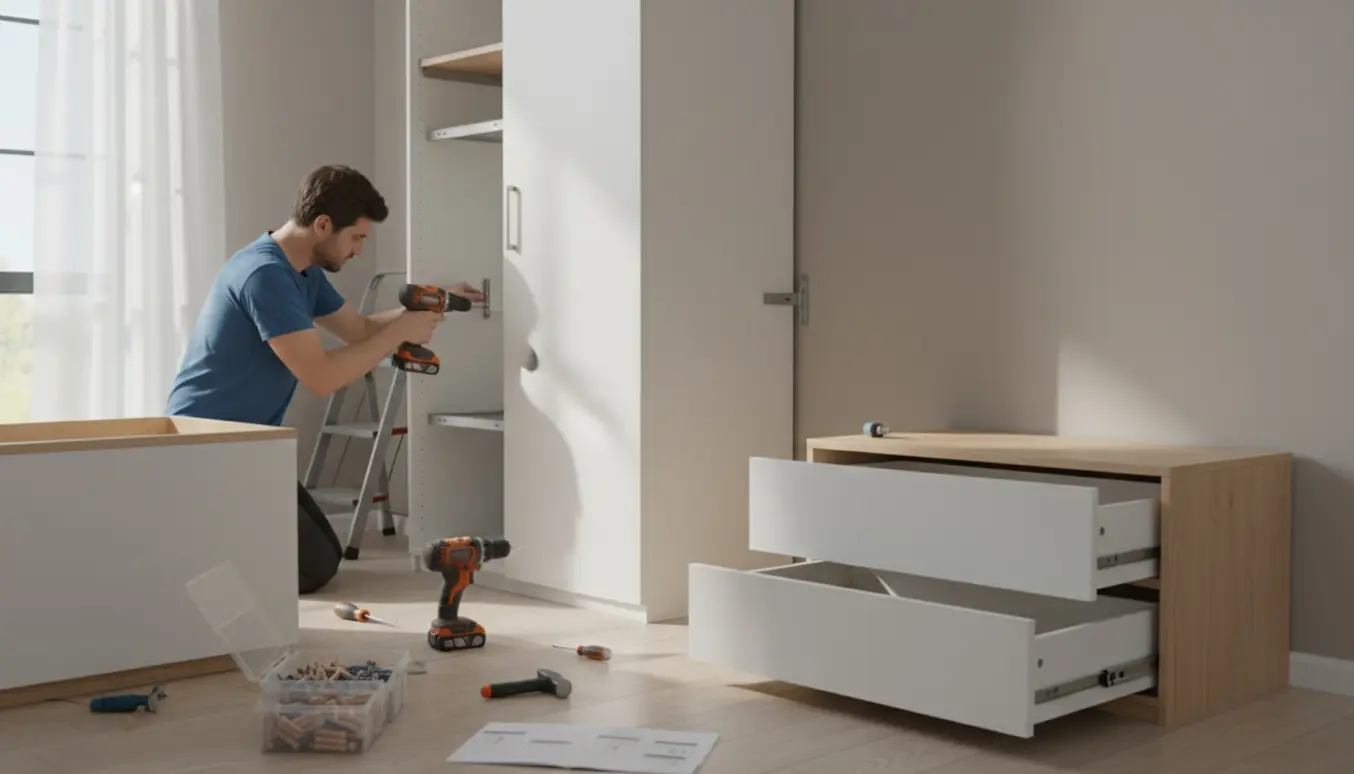 Montør monterer et hvidt garderobeskab på væggen med værktøj og en samlet kommode ved siden af.